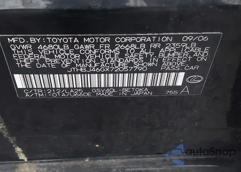 2007 Lexus Es 350 z USA, uszkodzony, nr VIN JTHBJ46GX72057790